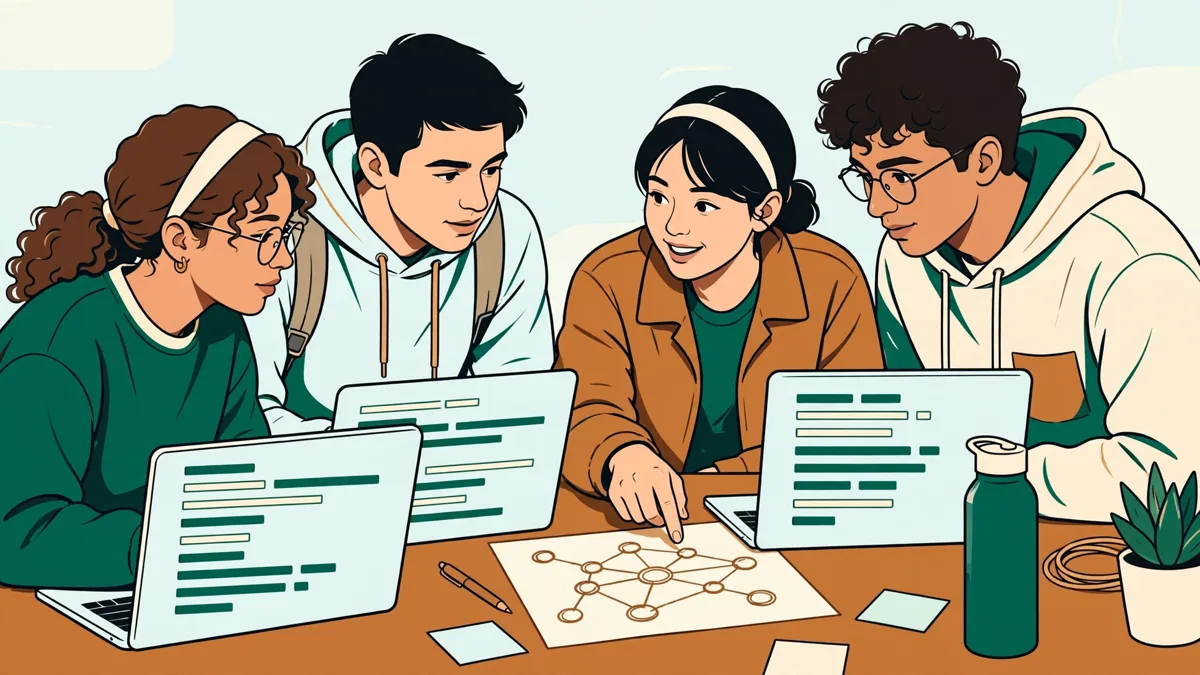 Quatre étudiants penchés sur un poste de travail avec du code et un schéma réseau, discutant autour d'une maquette de projet