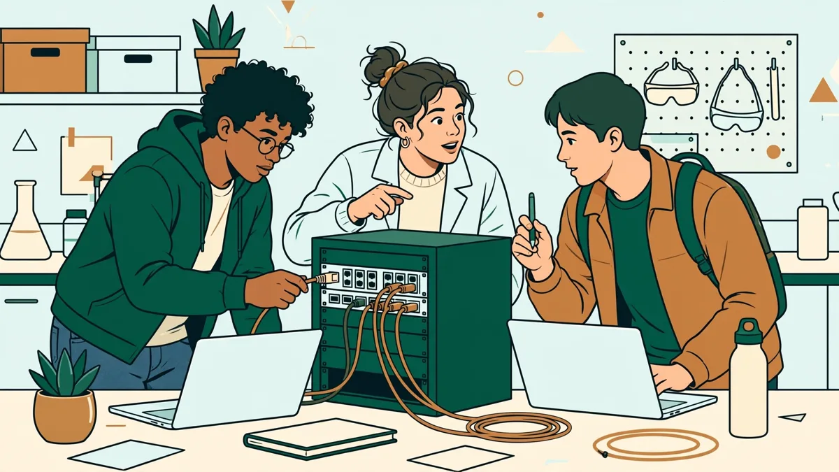 Trois étudiants autour d'une baie de brassage et d'ordinateurs portables, l'un branchant un câble réseau pendant qu'une autre vérifie la configuration à l'écran