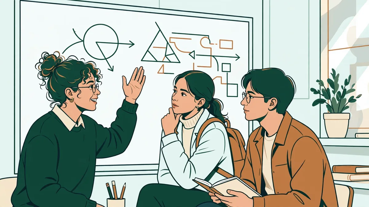 Trois étudiants autour d'un tableau blanc couvert d'équations, l'un explique une démonstration pendant que les autres prennent des notes.