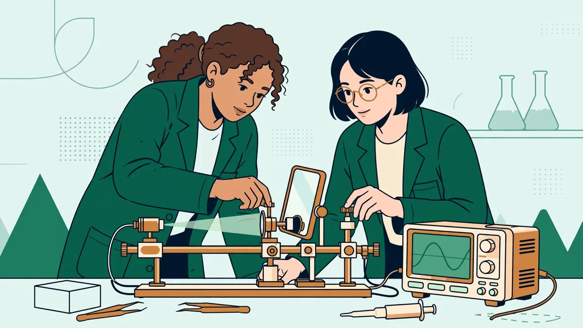 Deux étudiantes en blouse réglant un montage d'optique sur une paillasse, un oscilloscope et un ordinateur portable à côté.