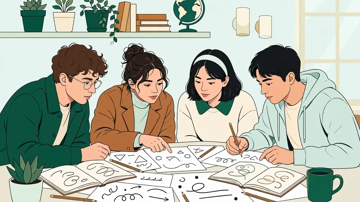 Quatre étudiants autour d'une table couverte de feuilles griffonnent ensemble une démonstration de mathématiques et discutent