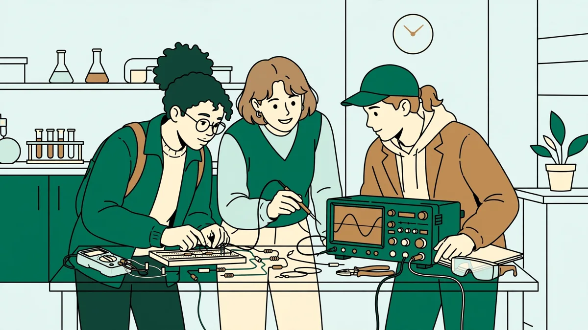Trois étudiants autour d'une paillasse mesurent un circuit électrique avec un oscilloscope dans une salle de travaux pratiques lumineuse