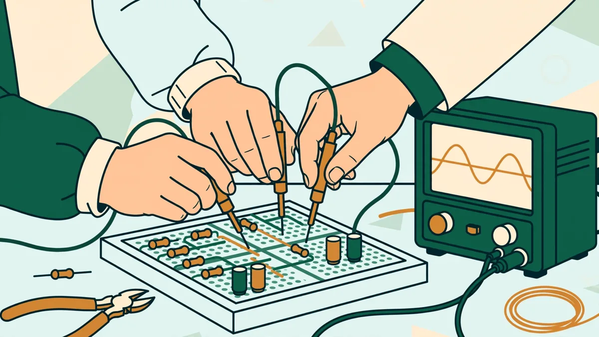 Petit groupe d'étudiants en TP de physique autour d'un oscilloscope et d'un circuit électrique