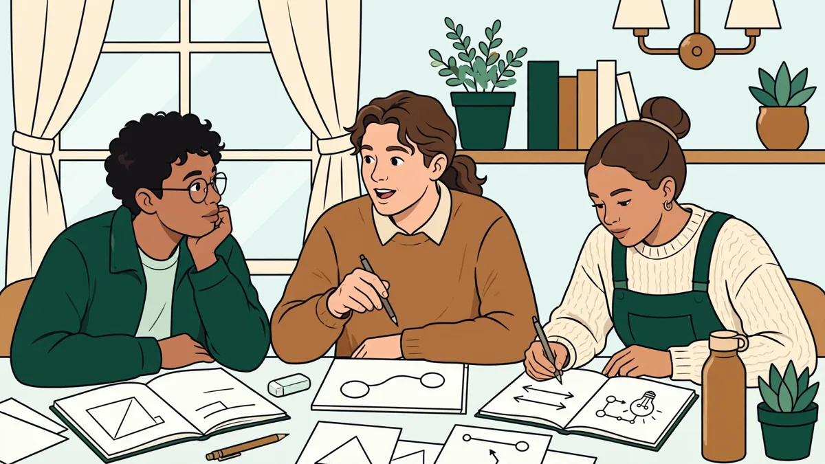 Trois étudiants qui résolvent ensemble un exercice de maths et physique autour d'une table