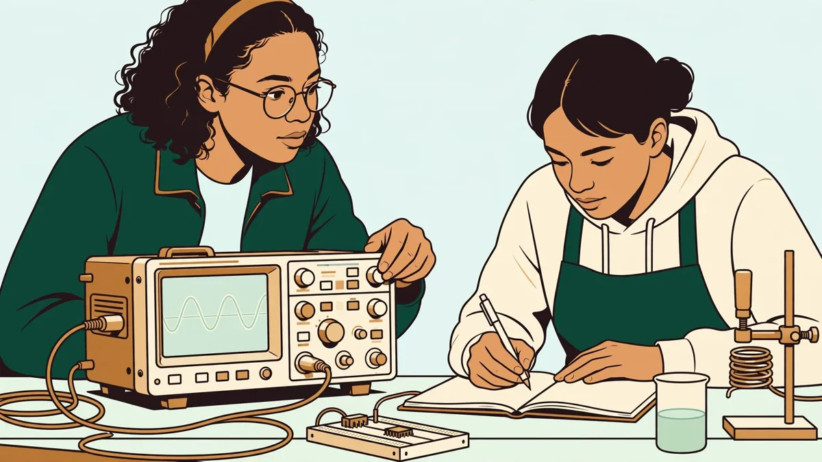 Petit groupe d'étudiants en travaux pratiques de physique autour d'une paillasse, l'un règle un oscilloscope pendant qu'une autre note les mesures.
