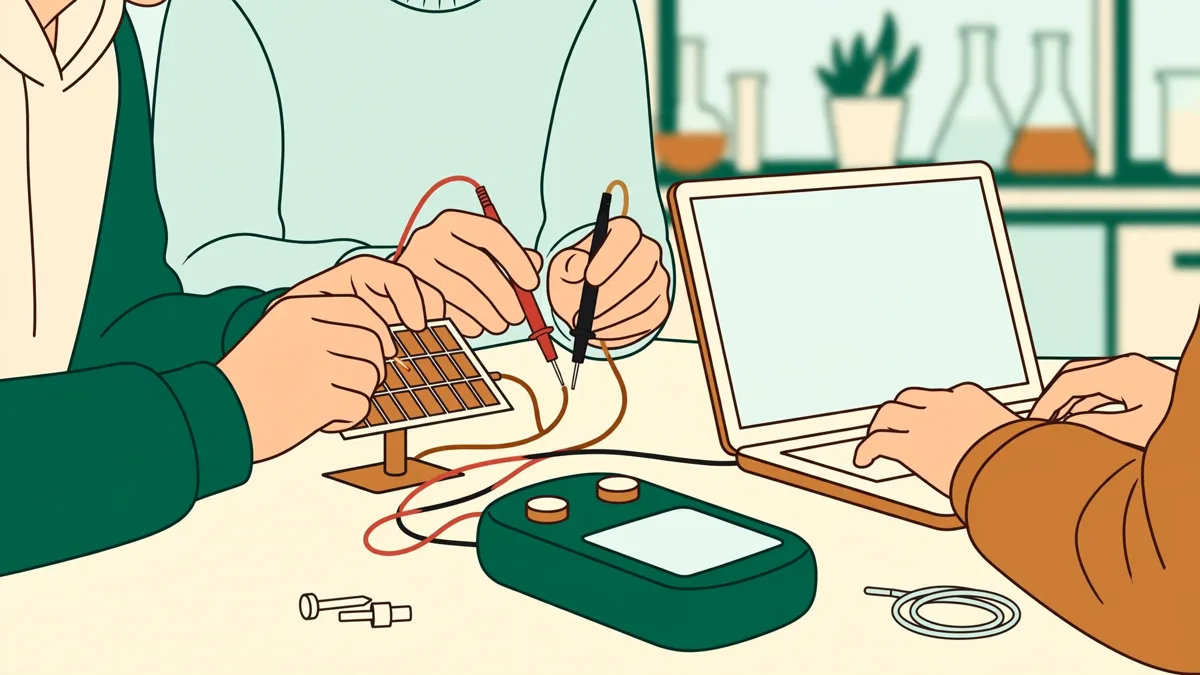 Trois étudiants en travaux pratiques autour d'un panneau solaire miniature, un multimètre et un ordinateur portable dans une salle de sciences lumineuse.