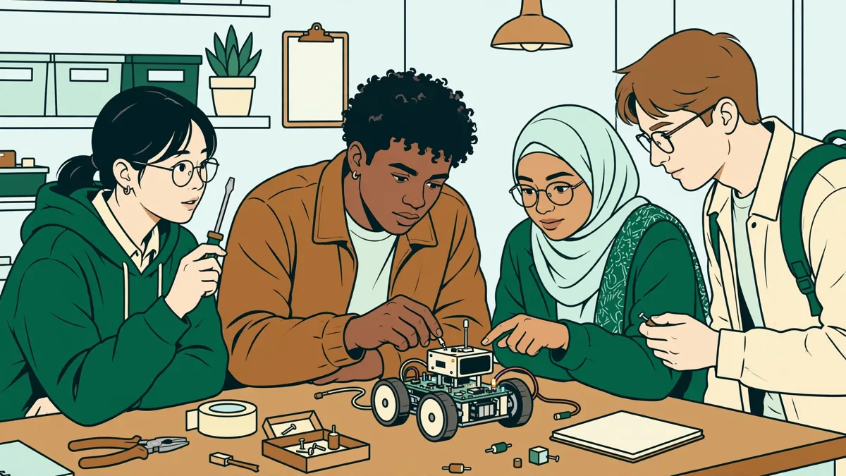Quatre étudiants assemblant et testant un petit robot à capteurs sur un établi, l'un tenant un tournevis, une autre ajustant le mécanisme.