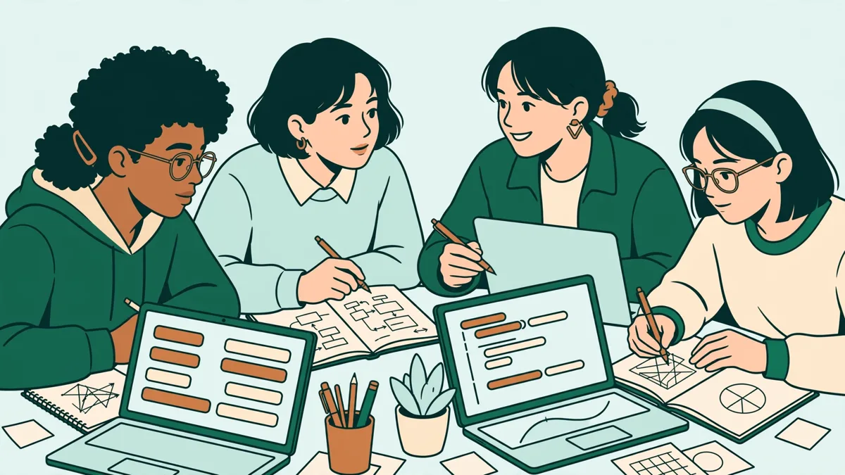 Petit groupe d'étudiants qui résolvent un exercice de maths et d'algorithmique autour d'une table, avec ordinateurs et brouillons