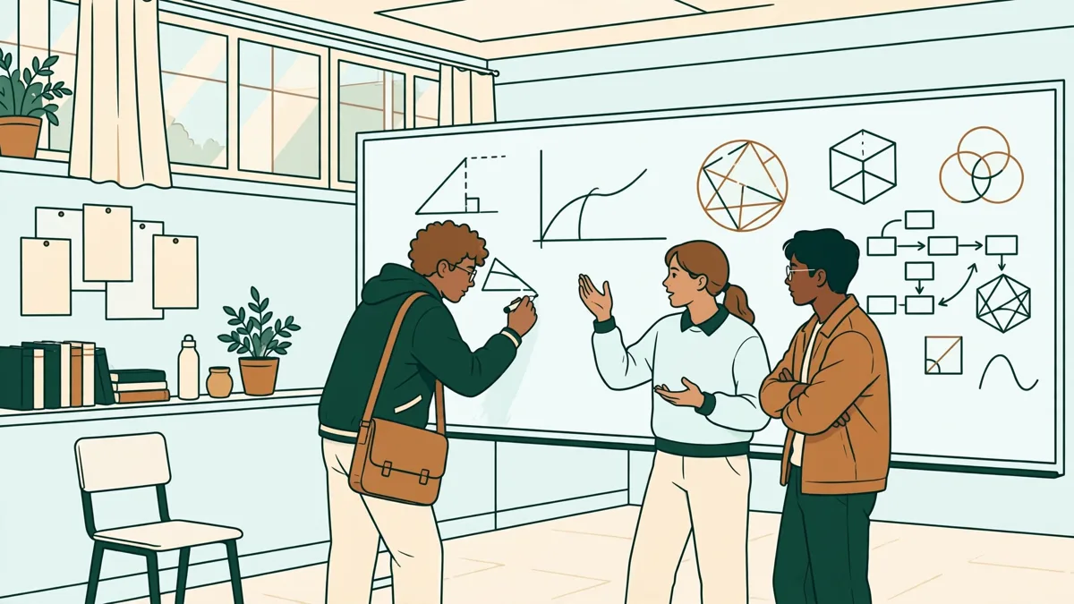 Trois étudiants autour d'un tableau blanc, l'une écrit une démonstration pendant que les autres discutent.