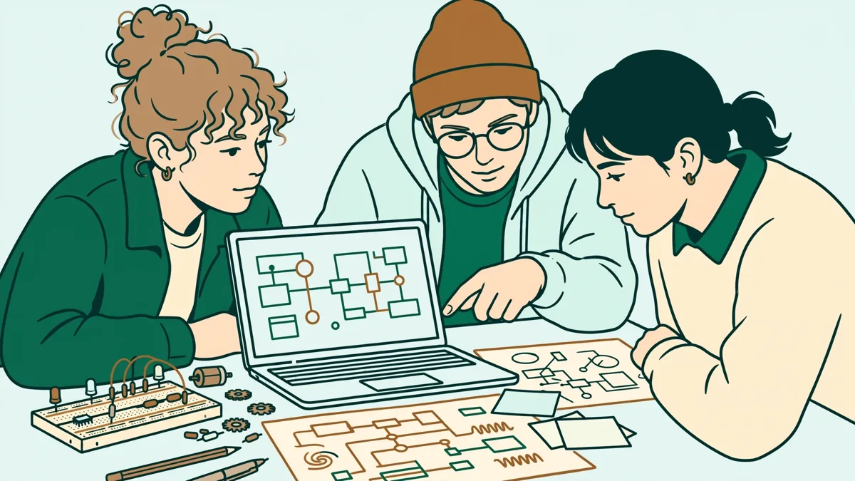 Trois étudiants autour d'une table qui préparent ensemble un exposé scientifique avec un ordinateur et des schémas.