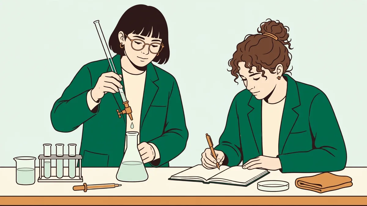 Deux étudiants en blouse devant une paillasse qui réalisent un titrage, l'un verse une solution pendant que l'autre note les observations.