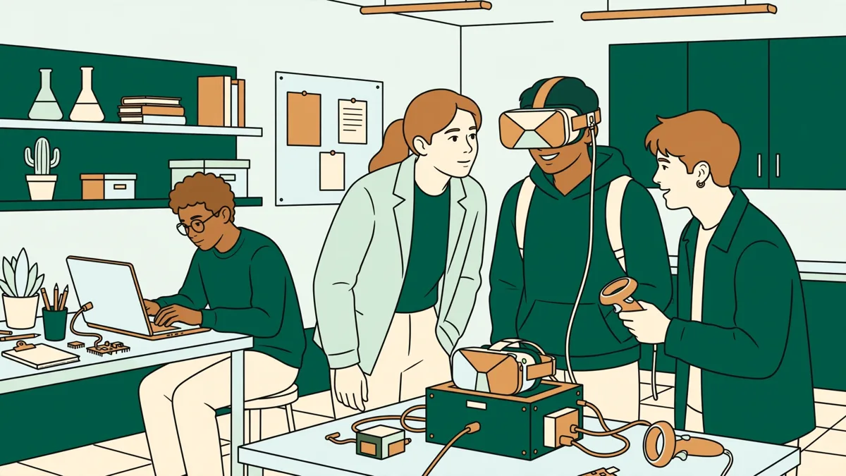Trois étudiants testant un casque de réalité virtuelle dans un labo pendant qu'un autre règle le programme sur un portable.
