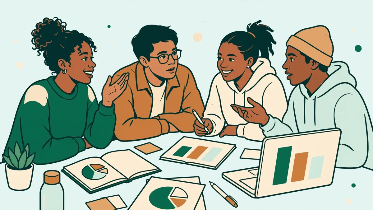 Quatre étudiants autour d'une table qui analysent ensemble un cas d'entreprise avec graphiques et ordinateur
