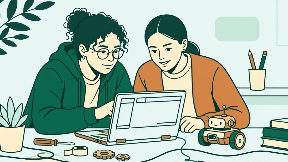 Deux étudiants en binôme qui programment un petit robot sur une table d'atelier devant un ordinateur portable
