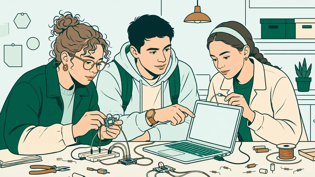 Trois étudiants autour d'une paillasse qui branchent un petit objet connecté et vérifient une mesure sur un écran