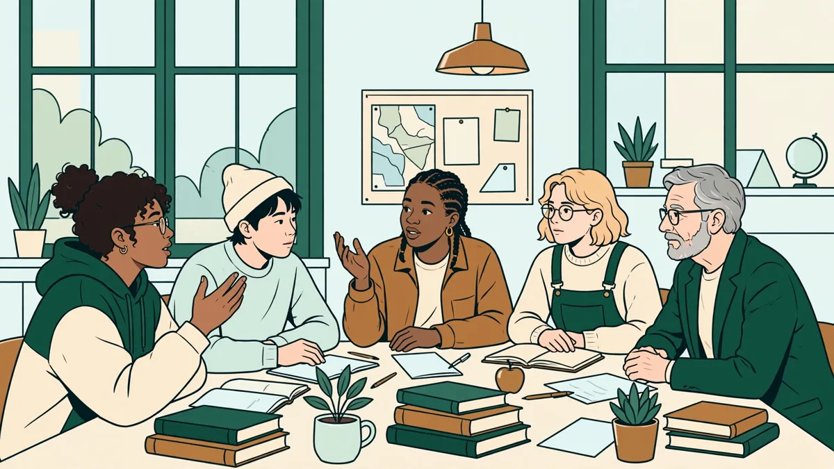 Petit groupe d'étudiants en sciences humaines qui débattent autour d'une table avec livres et carnets, un enseignant qui écoute.