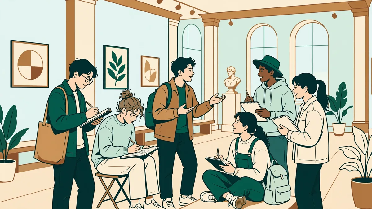 Groupe d'étudiants qui visitent une galerie de musée en prenant des notes et en échangeant entre eux.