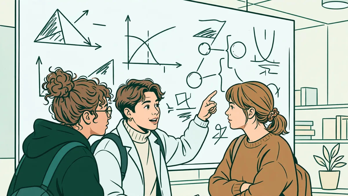 Deux étudiantes et un étudiant en train de résoudre un exercice de maths ensemble devant un tableau blanc