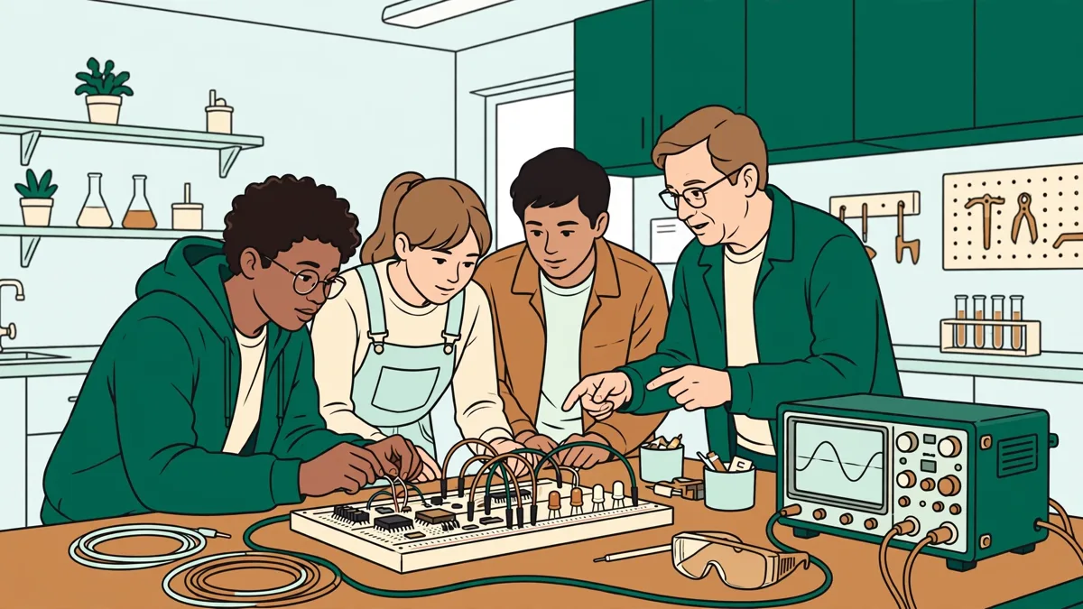 Petit groupe d'étudiants en sciences autour d'une paillasse mesurant un circuit électrique pendant un TP
