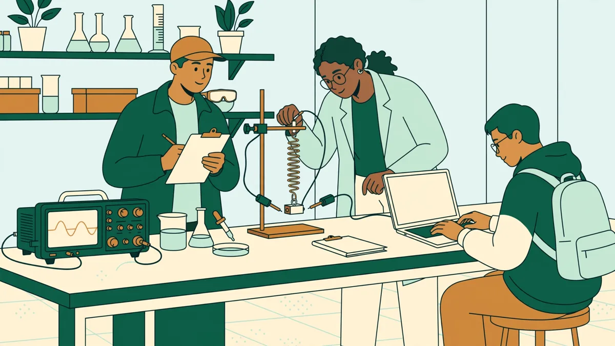 Trois étudiants en TP de physique qui mesurent un système oscillant et saisissent les résultats sur portable