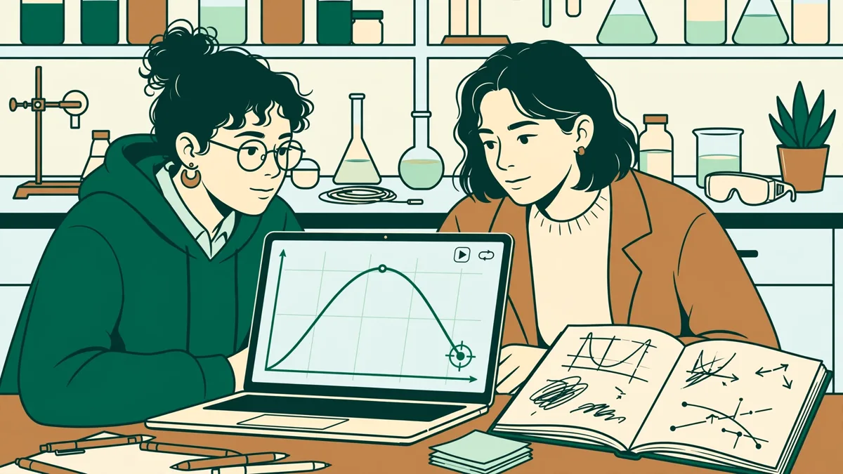 Deux étudiants devant un portable qui affiche une trajectoire simulée, cahier d'équations ouvert à côté