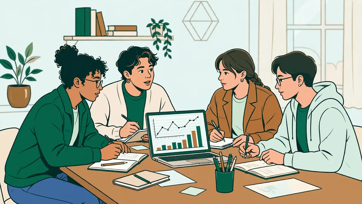 Quatre étudiants autour d'une table qui analysent ensemble des graphiques sur un ordinateur et préparent une présentation.