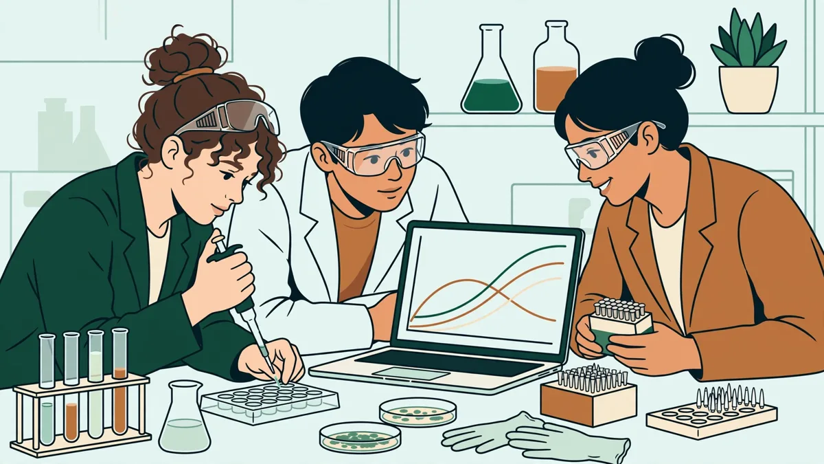 Trois étudiants en travaux pratiques de biologie autour d'une paillasse, l'un pipette pendant qu'un autre suit une courbe sur un ordinateur portable.