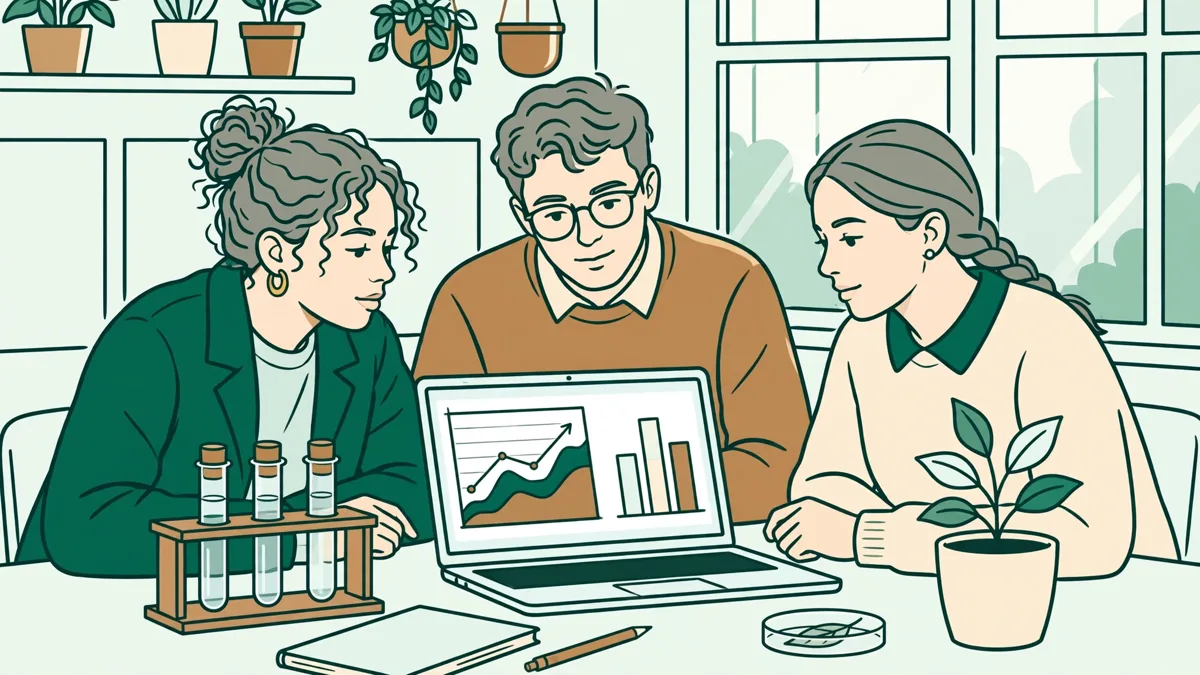 Petit groupe d'étudiants autour d'une table qui analysent ensemble des graphiques de données environnementales sur un ordinateur portable, avec échantillons d'eau et de plantes.