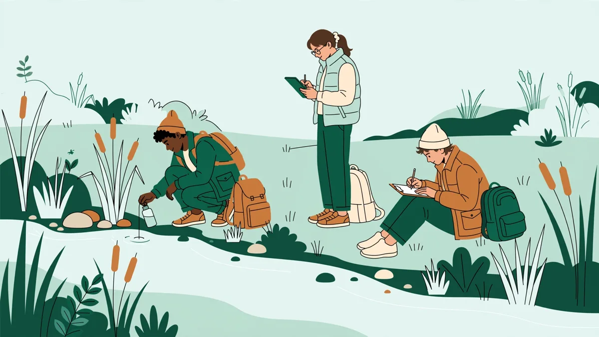 Trois étudiants en sortie de terrain au bord d'une rivière, l'un prélève de l'eau, l'autre tient une tablette, le troisième prend des notes.