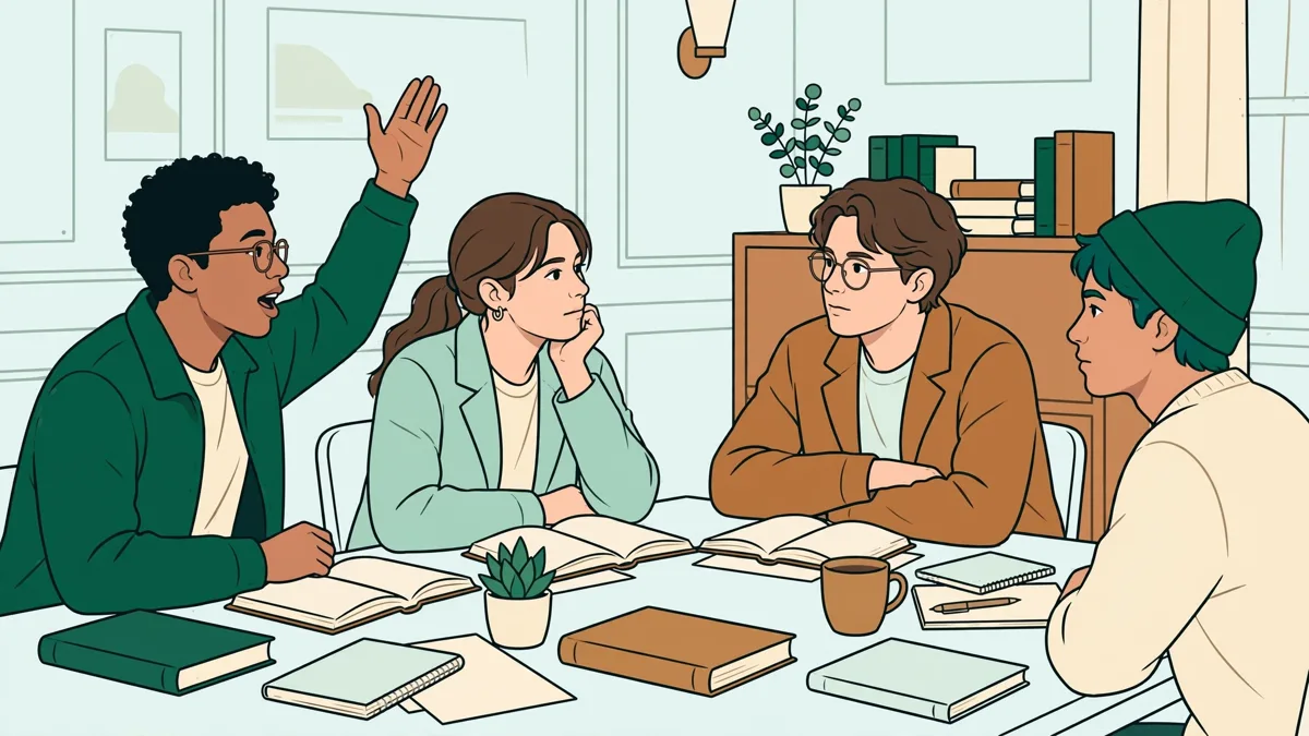 Petit groupe d'étudiants en débat autour d'une table avec livres et carnets, une étudiante prend la parole