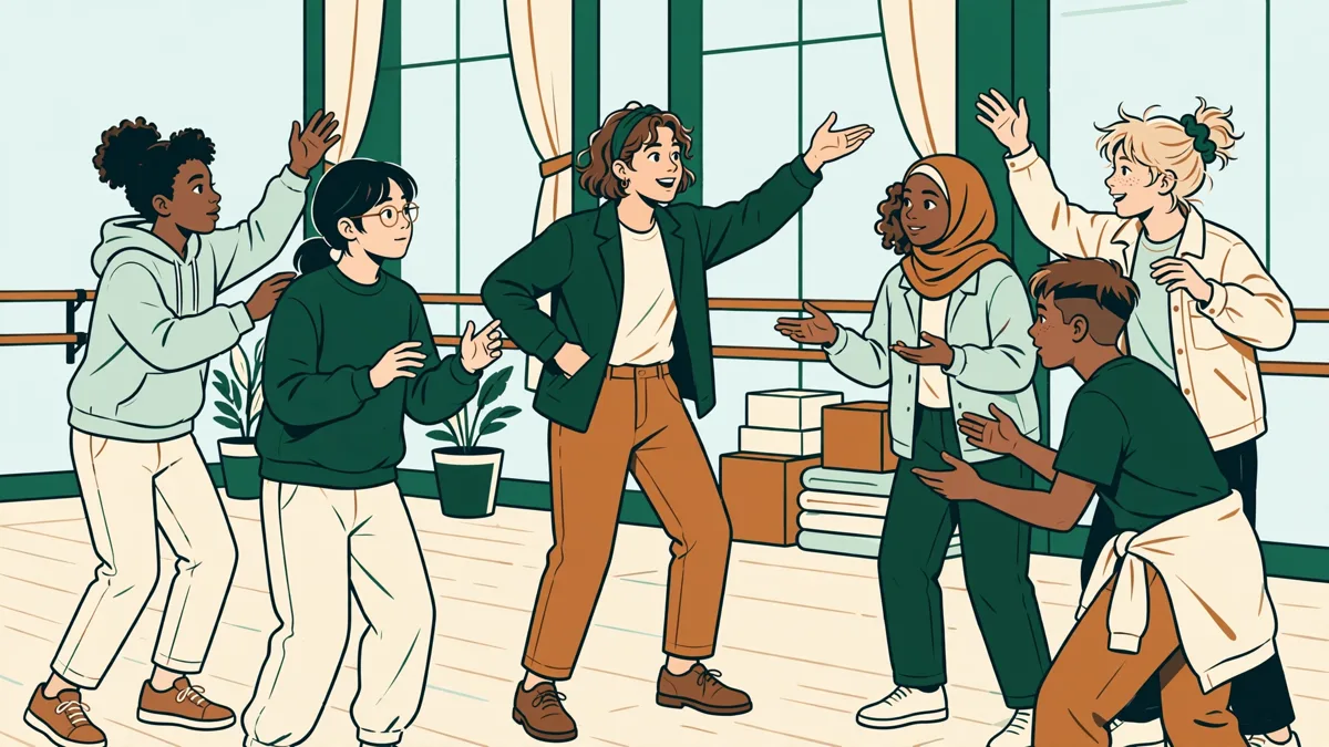 Une jeune metteuse en scène guide un cercle d'élèves en atelier théâtre dans une salle de répétition