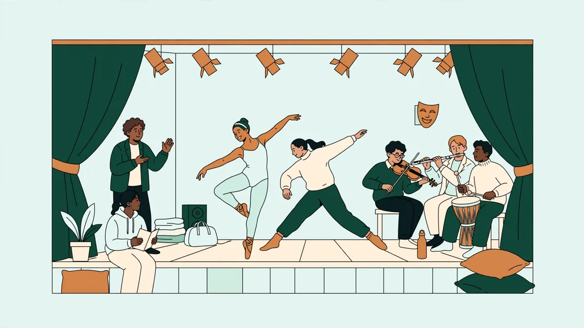 Des étudiants en théâtre, musique et danse répètent ensemble un projet collectif sur scène