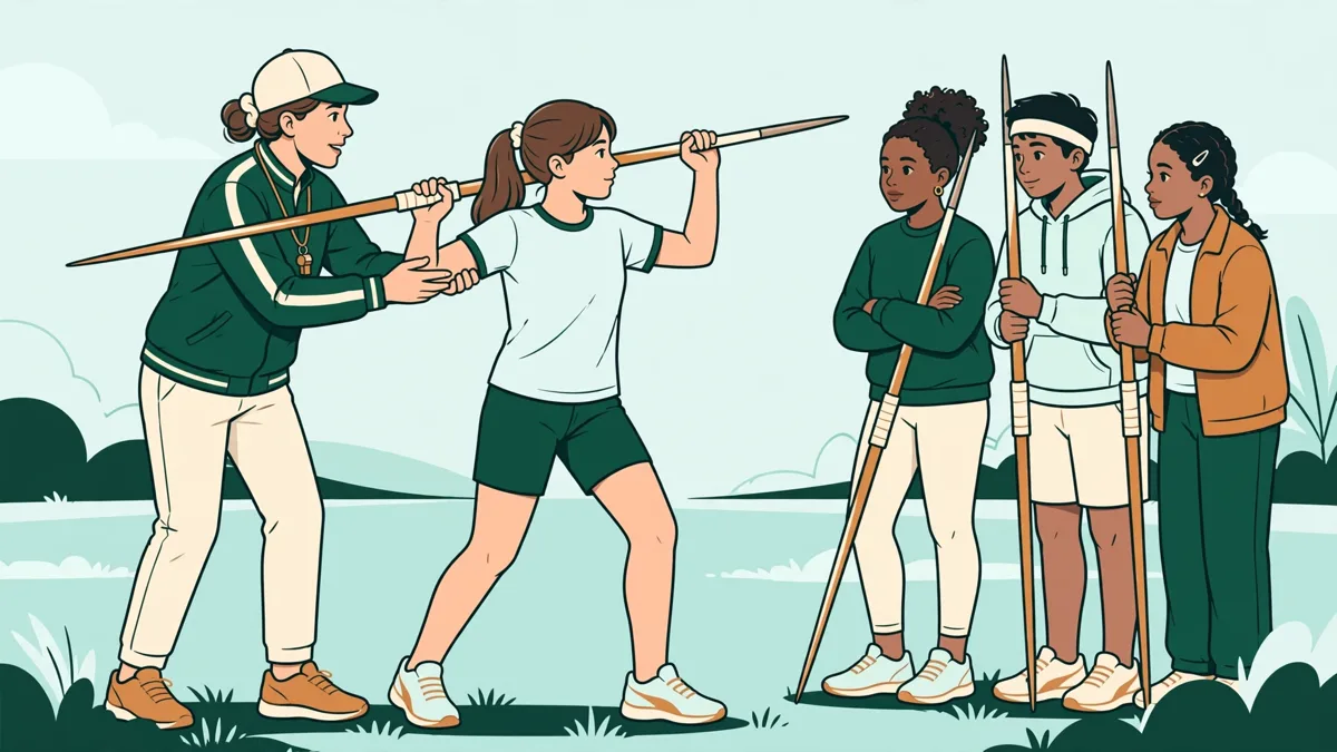 Un coach qui ajuste la posture d'une jeune lanceuse sur un terrain en herbe pendant que trois autres athlètes observent avec leurs engins à la main.