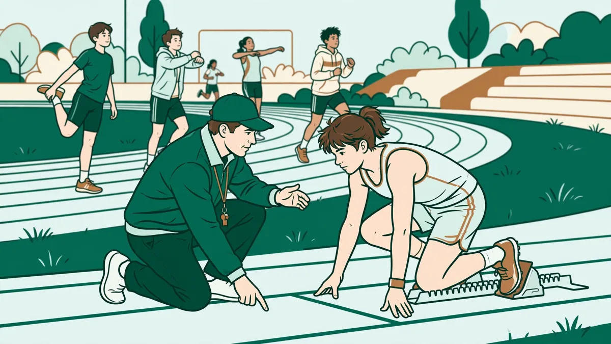 Un entraîneur accroupi auprès d'une jeune sprinteuse dans les starting-blocks sur une piste, qui lui montre la position des mains pendant que d'autres athlètes s'échauffent derrière.