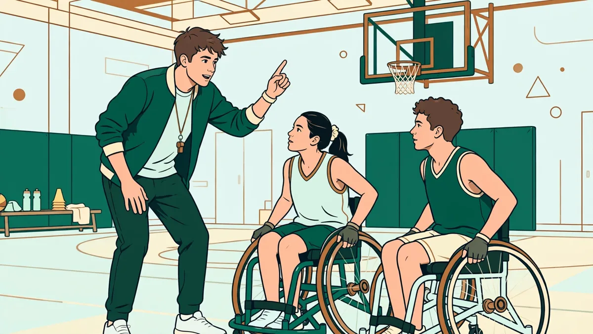 Un éducateur en fauteuil roulant conseille deux jeunes joueurs en fauteuil pendant un entraînement de basket en gymnase.