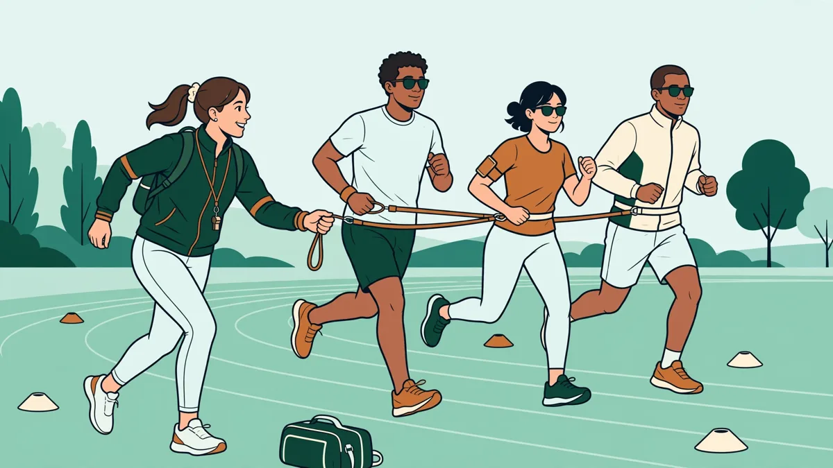 Une stagiaire éducatrice fait réaliser un exercice à un petit groupe de sportifs déficients visuels sur un terrain extérieur.