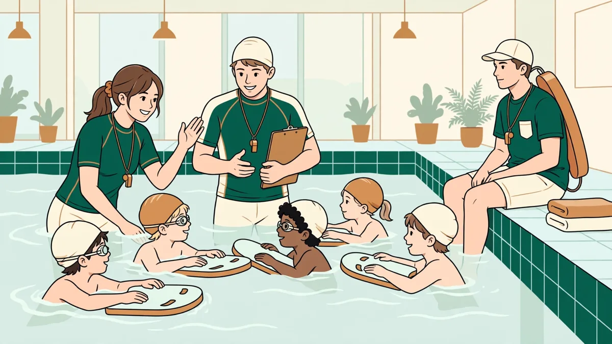 Illustration dessinée : deux étudiants animateurs dans une piscine intérieure mènent une séance avec des enfants accrochés à des planches, un surveillant observe depuis le bord.