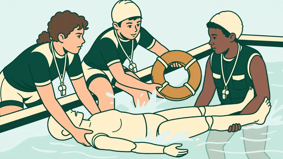 Illustration dessinée : trois étudiants sauveteurs s'entraînent dans une piscine avec un mannequin de sauvetage et une bouée, gros plan sur les gestes.