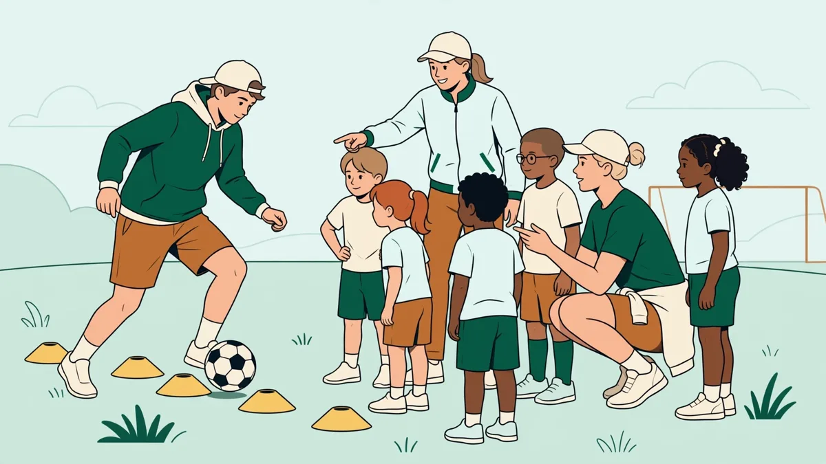 Étudiants éducateurs qui animent une séance de football pour des enfants avec plots et ballons