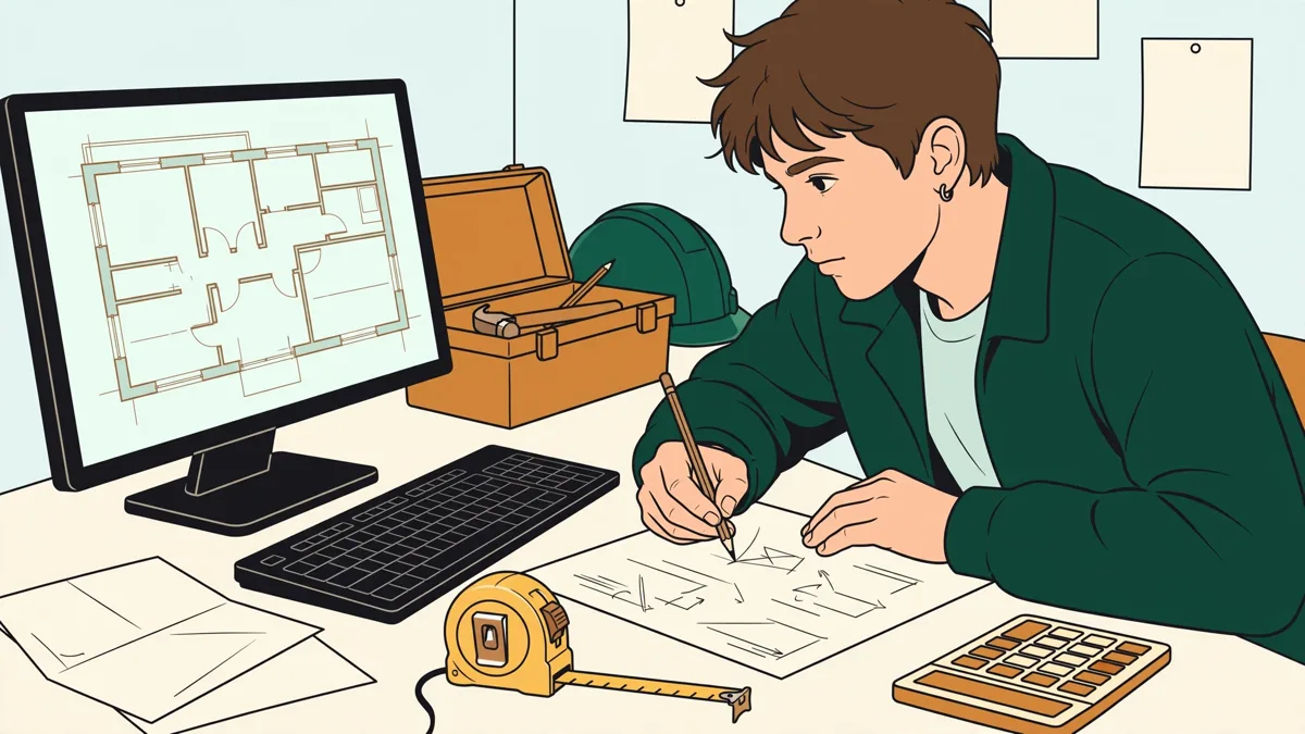Une apprentie du BTP devant un écran montrant le plan d'un petit bâtiment, un mètre ruban et une calculatrice posés à côté du clavier, qui annote un devis papier.