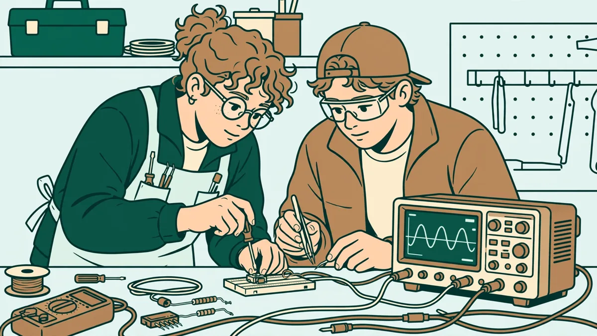 Deux étudiants en atelier règlent un capteur électronique sur un banc d'essai avec un oscilloscope, l'un tient une sonde et l'autre note les valeurs.