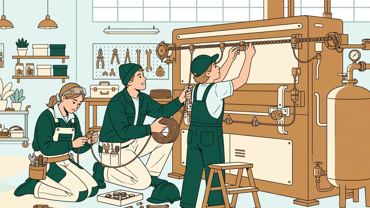Trois apprentis en tenue d'atelier installent une chaîne de mesure sur une machine industrielle, l'une branche un boîtier, un autre tient un carnet de mesures.