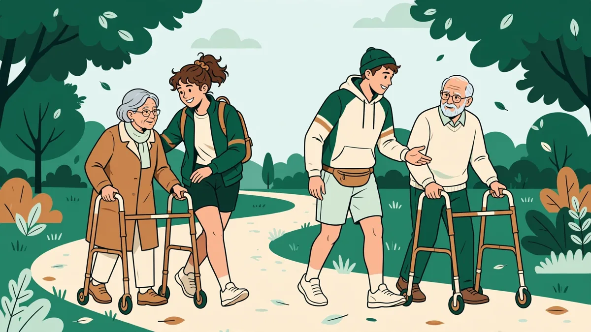 Deux étudiants en tenue de sport accompagnent des seniors lors d'une marche douce en extérieur dans un parc