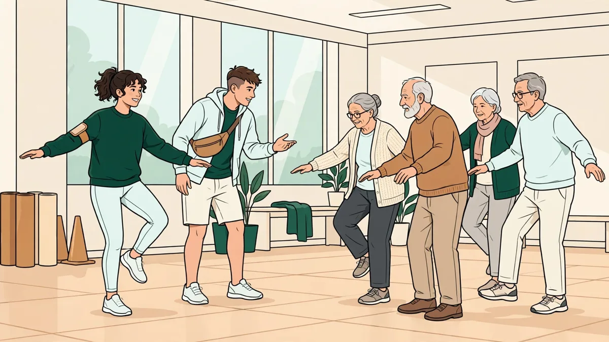 De jeunes animateurs sportifs montrent un exercice d'équilibre à un petit groupe de personnes âgées dans une salle de sport lumineuse