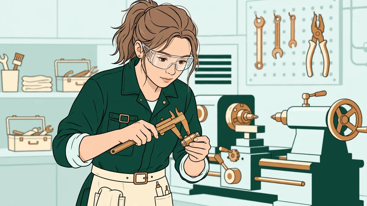 Une apprentie en atelier contrôle une pièce métallique avec un pied à coulisse, un compagnon règle la machine derrière elle.