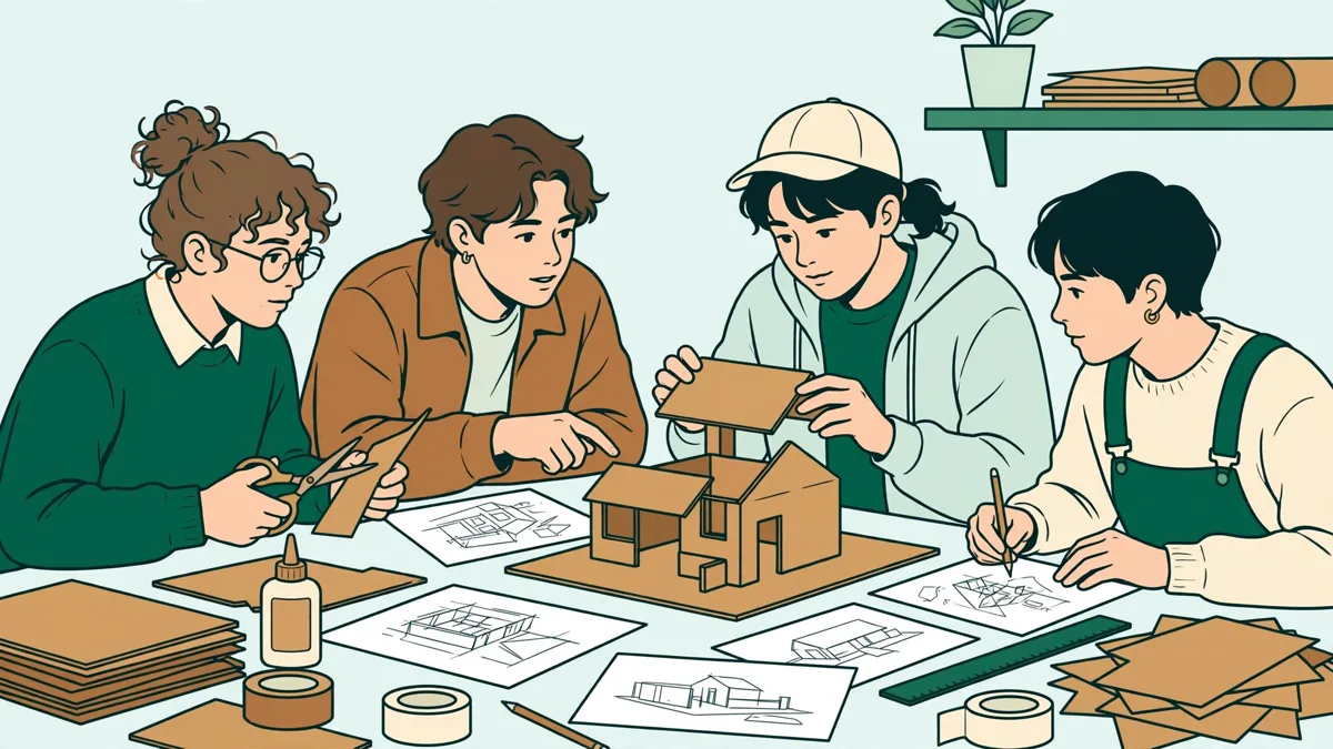 Quatre étudiants autour d'une grande table d'atelier qui assemblent une maquette en carton d'un petit bâtiment et comparent avec des croquis