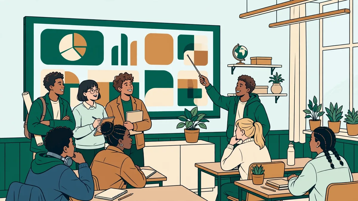 Quatre étudiants debout devant un écran présentant une maquette de campagne à leurs camarades assis, gestes assurés et échanges animés.