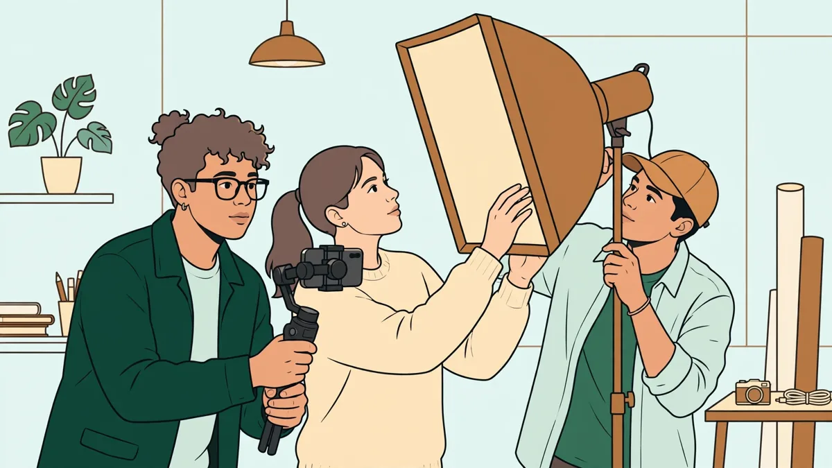 Trois étudiants en action autour d'un tournage vidéo en salle lumineuse, l'un filme au smartphone stabilisé pendant que les autres règlent la lumière.
