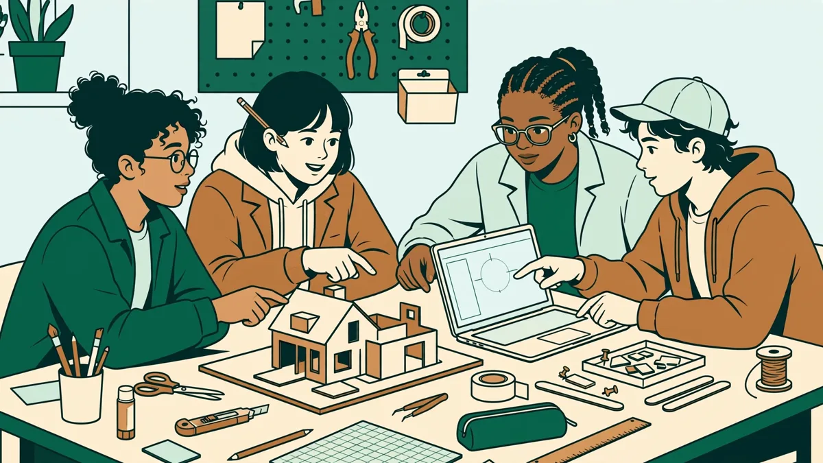 Des étudiants autour d'une table qui travaillent sur une maquette de bâtiment et un ordinateur