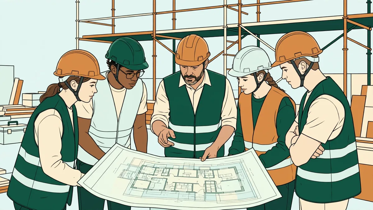 Des étudiants en casque sur un chantier qui étudient un grand plan avec un professionnel